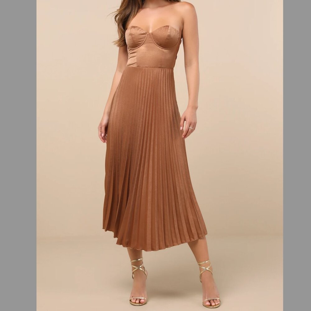 Lulus Irelyn Light Brown Satin Bustier Midi Dress -- Only Worn Once!